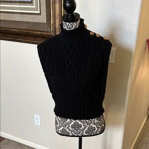 The Noli Shop Black Cable Knit Sleeveless Mock Neck Sweater with Gold Buttons